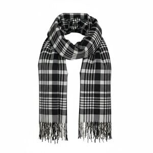 Black White Plaid Scarf Fringed Ends Winter Warm Fashion Accessory One Size